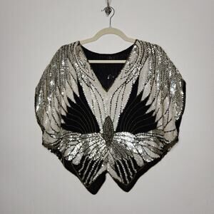 Vintage Fully Beaded Sequence Butterfly Top Regal Double Sided Art White Silver